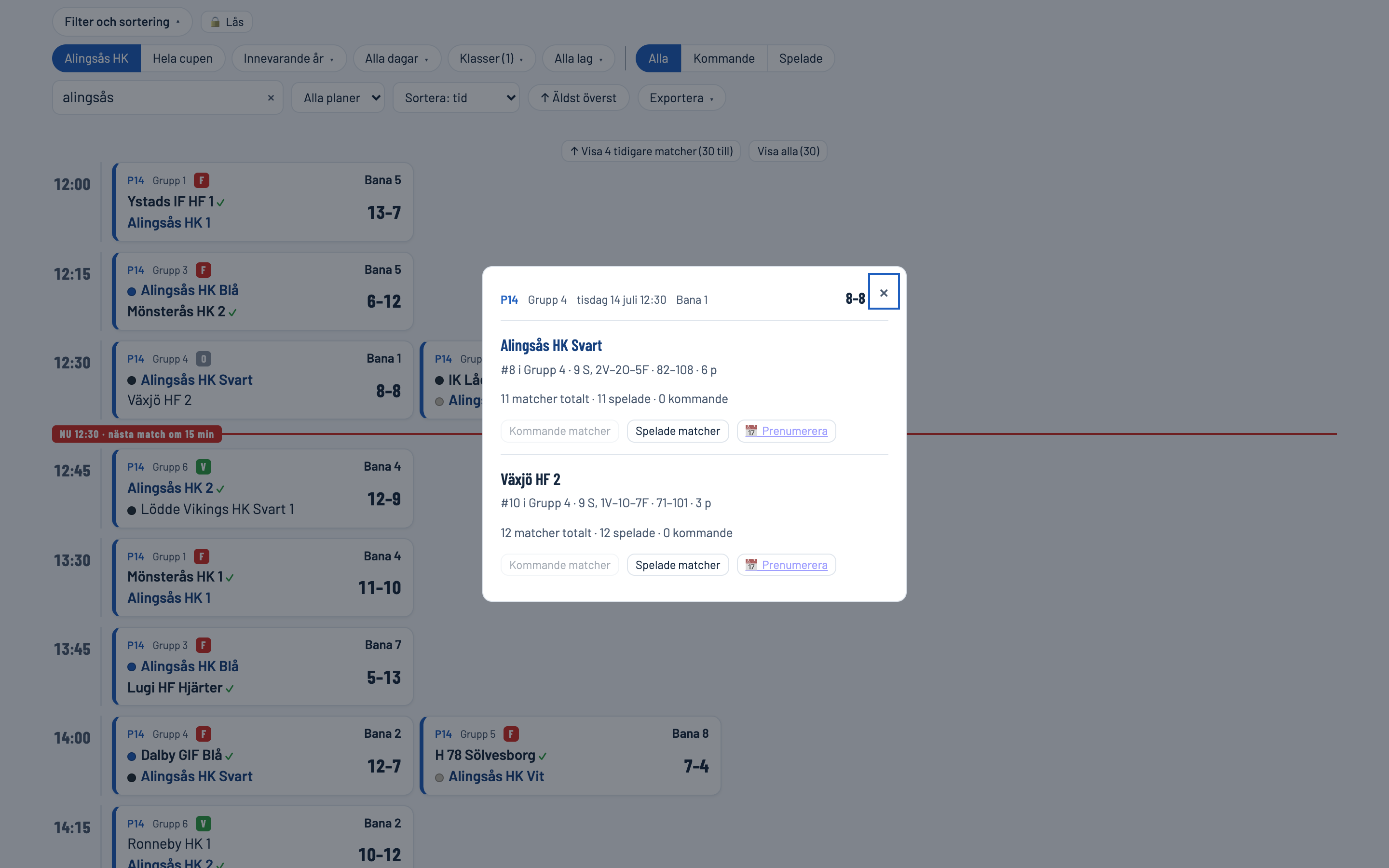 Matchdialog med båda lagens tabellplacering, statistik, antal spelade och kommande matcher samt knappar för att prenumerera
